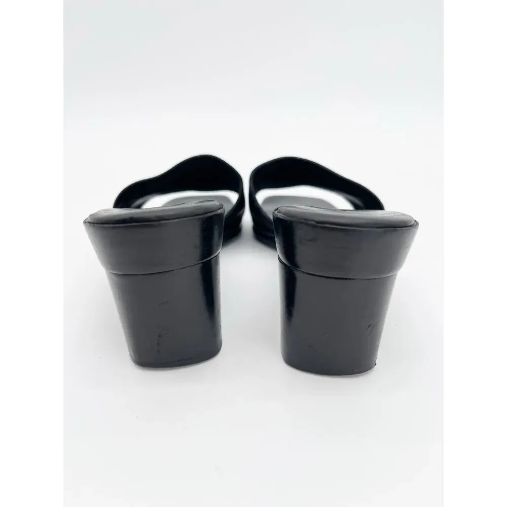 Chanel Vintage Black Leather CC Logo Classic Mule Heeled Sandals Square Toe US 6